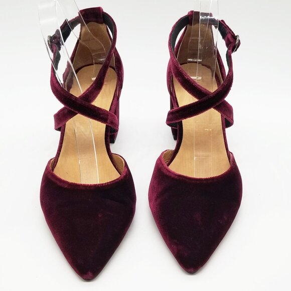 Garnet Hill Esta Crossover Strap Block Heels Burgundy Velvet Size 38 Pointy Toe - Picture 4 of 16
